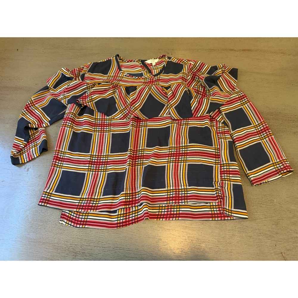 Crown & Ivy Navy Blue Red Plaid Ruffle Long Sleeve Blouse Small Preppy Top